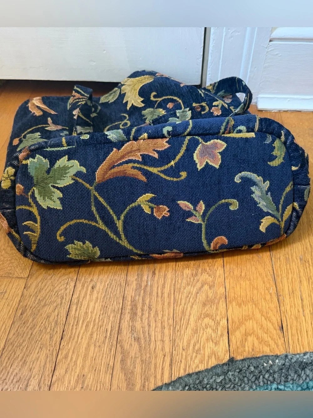 Vintage Chenille Carpet Tote Bag in Black, Tan, Gold, Orange and Green